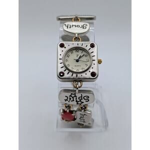 Vintage Silver Tone Charm Watch Quartz Square Case Red Stone Accents Working
